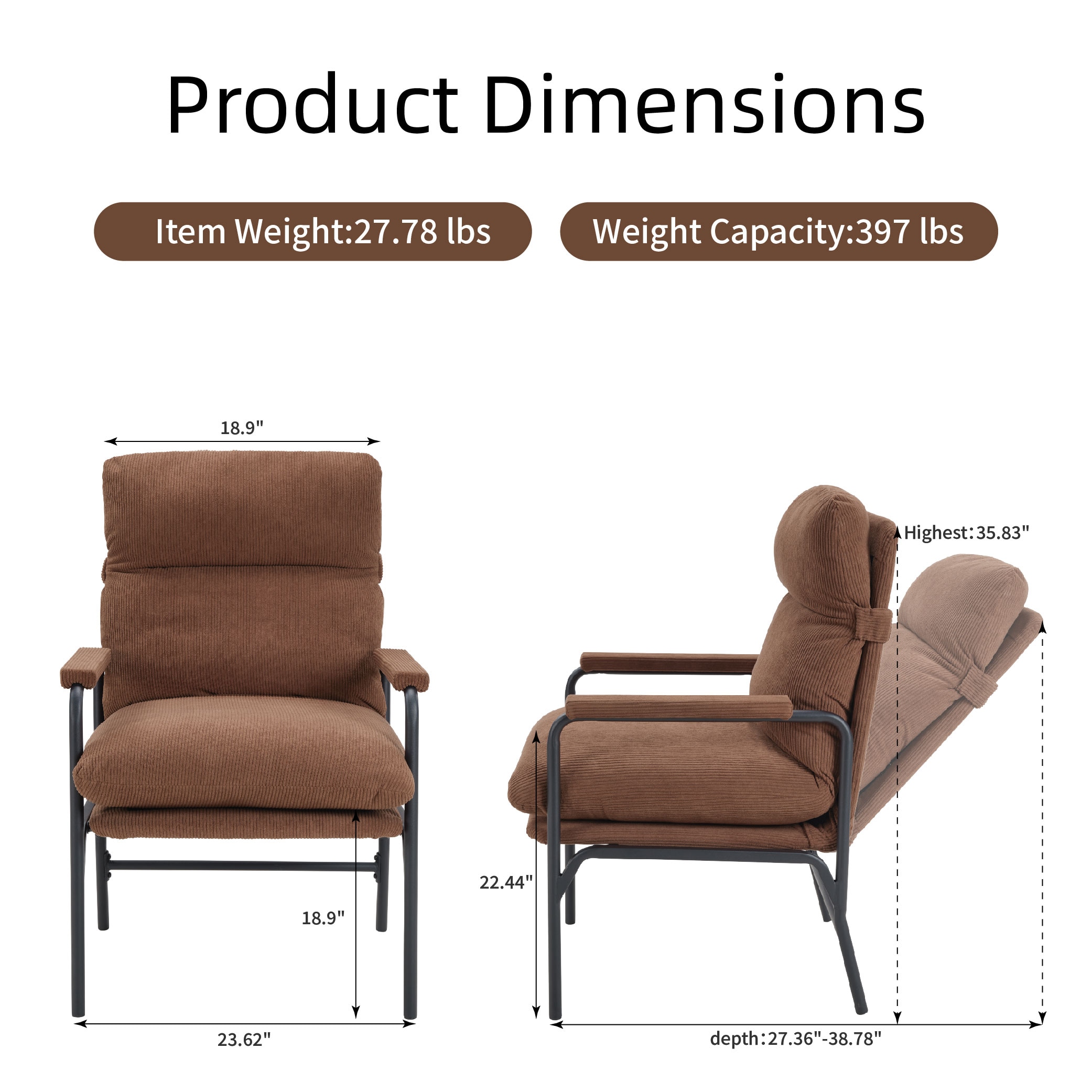Modern Accent Chair, Reclining Chair With Adjustable Backrest, Corduroy Chair With Metal Frame, Reading Chair, Comfy Lounge Chair For Living Room, Bedroom, Office, Brown_voghion.com